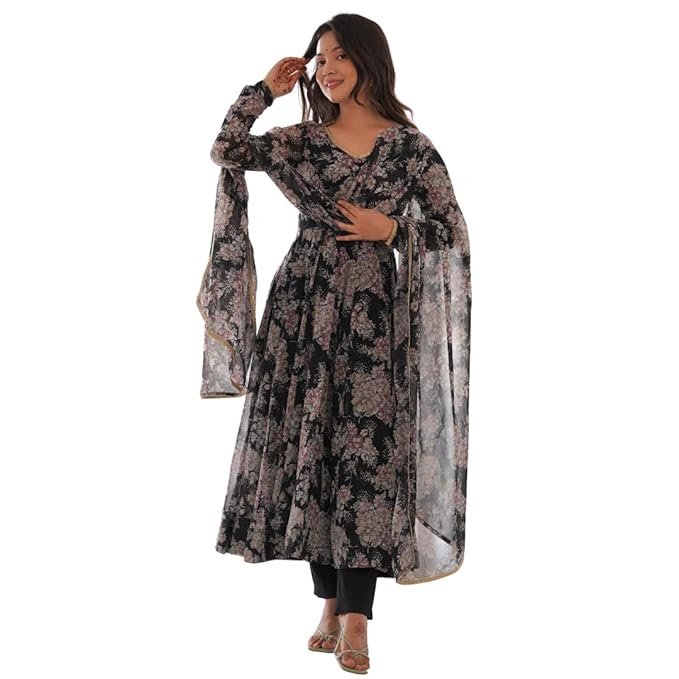 61Q48AxWNeL._SX679_ Women's Heavy Pure Soft Georgette Anarkali V-neck Long Sleeve Kurti With Matching Pant and Digital Printed Work Heavy Matching Dupatta Set. - Image 1