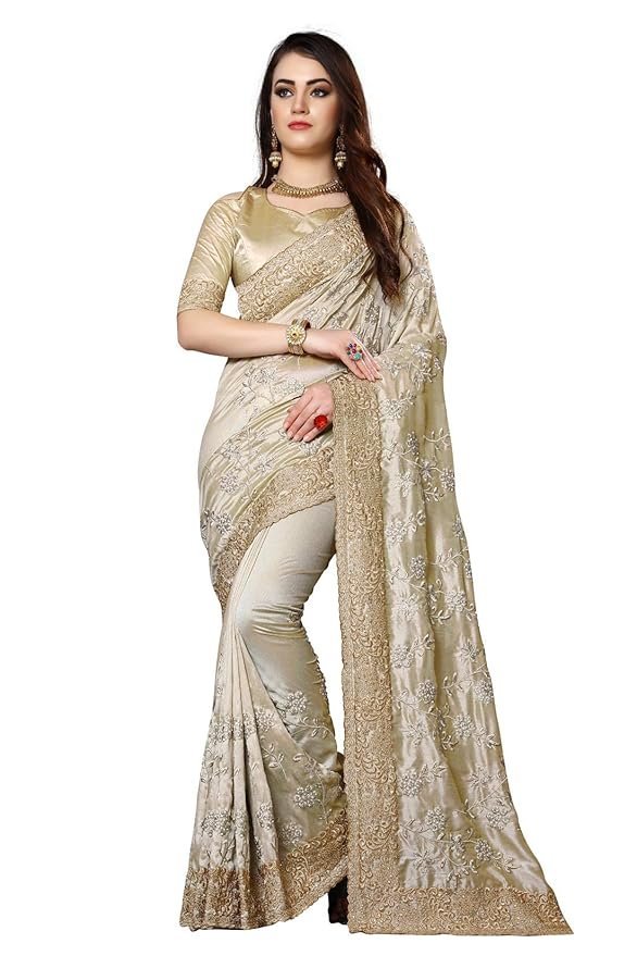 716uHyvyvhL._SY879_ Beige Mayo Silk Zari Resham Stone Embroidery Work Saree with Blouse Piece - Image 1