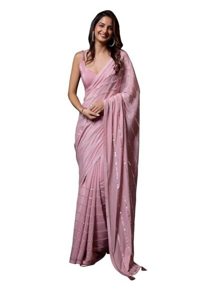 Women's Silk Sequins Embroidery Stripted Saree with Blouse Piece