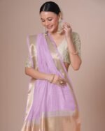 Striped Saree with Contrast Border - Image 2